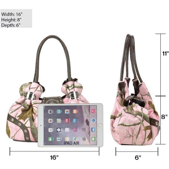 Pink Camouflage Western Style Rhinestone Fleur De Lis Shoulder Bag - Picture 2 of 5
